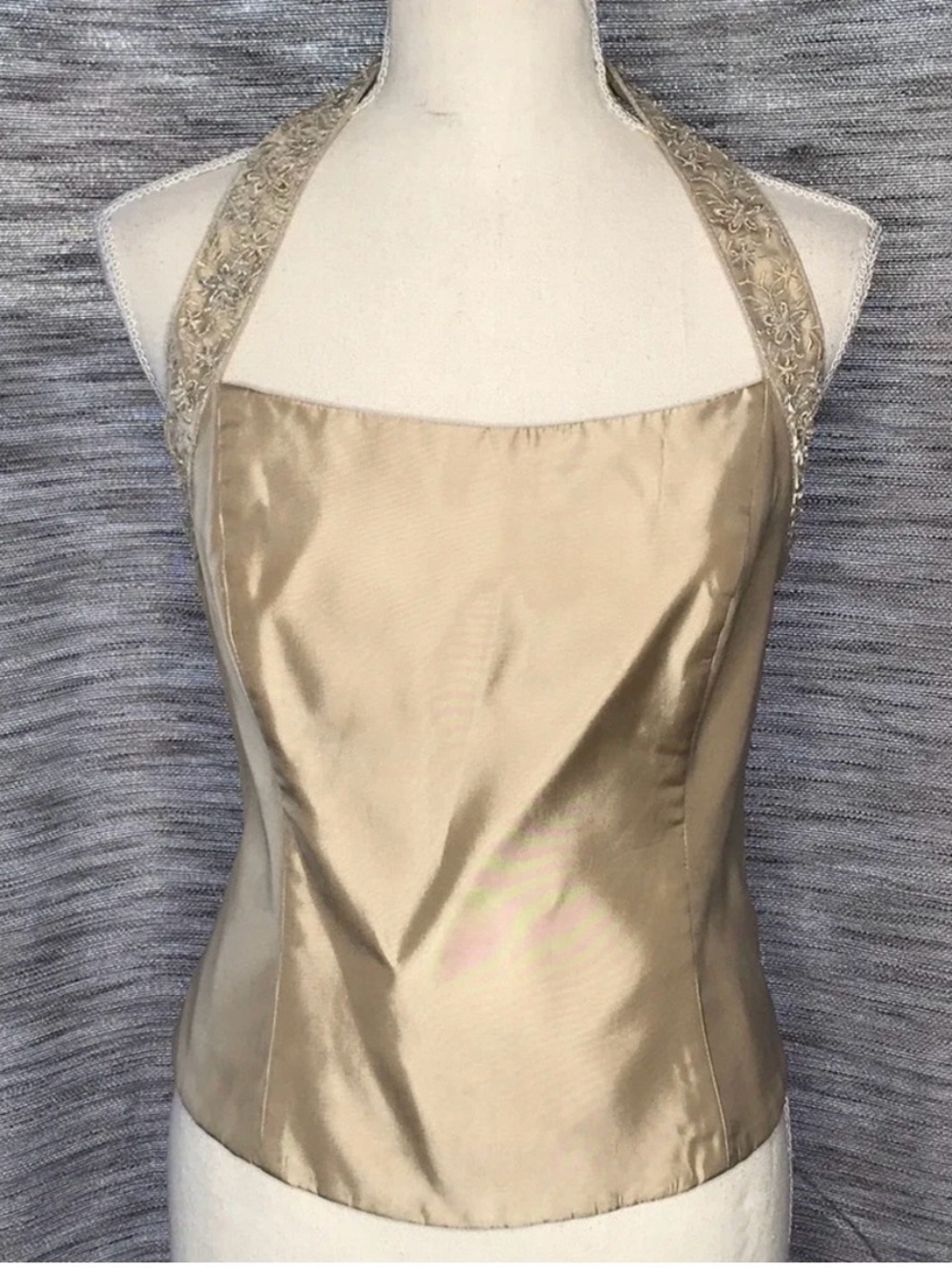 David's Bridal Gold Satin Halter Camisole with Embroidered Neck